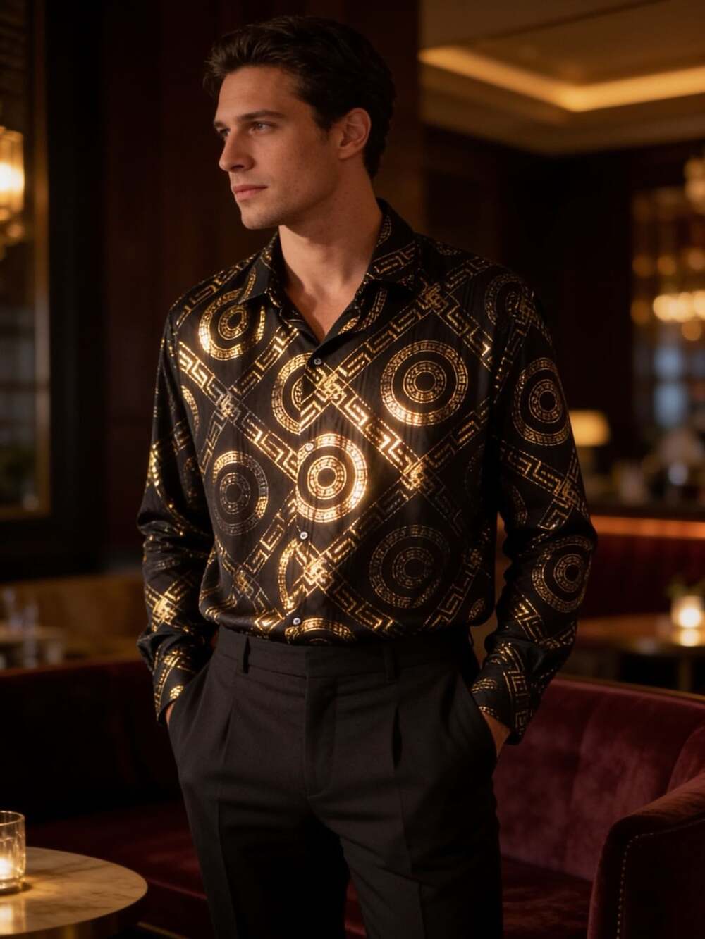 Heiffey On Original Men's Black Gold Greek Key Baroque Print Long Sleeve Button-